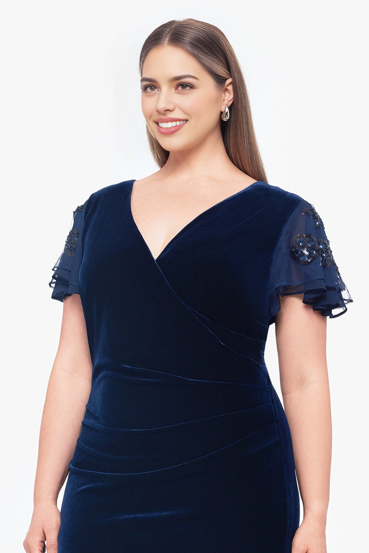 Plus Size Elegant Sheath V-Neck Sequin Sleeve Zipper Back Maxi Mother of the Bride Dress