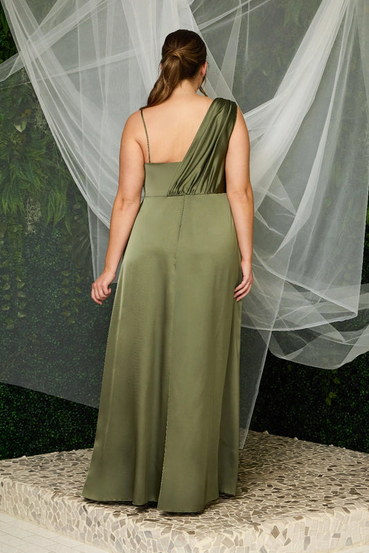 Back view of plus size olive green bridesmaid dress with asymmetric draped shoulder panel, thin spaghetti strap, fitted waist and floor-length skirt by roselledress.