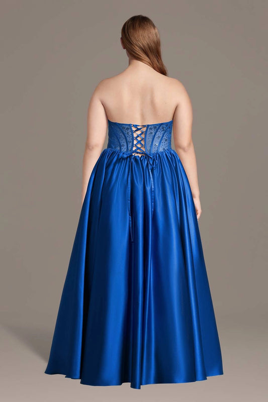 Back view of plus size royal blue evening dress featuring lace-up corset back, adjustable ribbon closure and floor-length satin skirt.