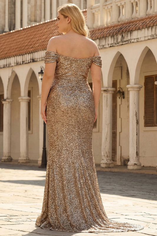 Back view of a sequin mermaid prom dress with off shoulder neckline and zipper closure