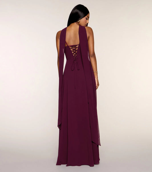 Plum Chiffon A-Line Cowl Sleeveless Lace Up Streamer Back Maxi Prom Dress