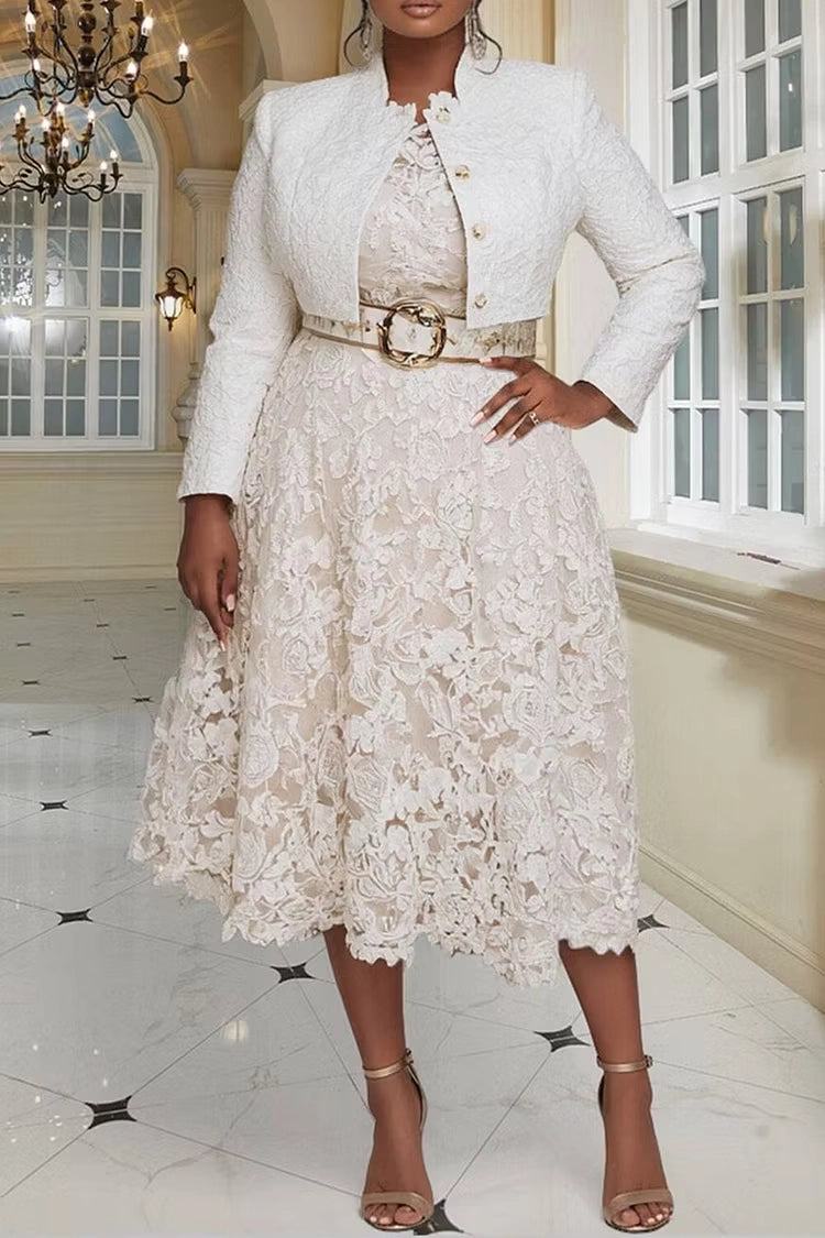 RoselleDress Modest A-Line High Neck Two Piece Back Zipper Lace Plus Size With Jacket Prom Dress