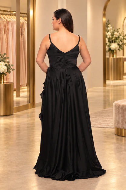 Plus Size Romantic Satin A-Line V-Neck Sleeveless V-Back Floor-Length Prom Dress