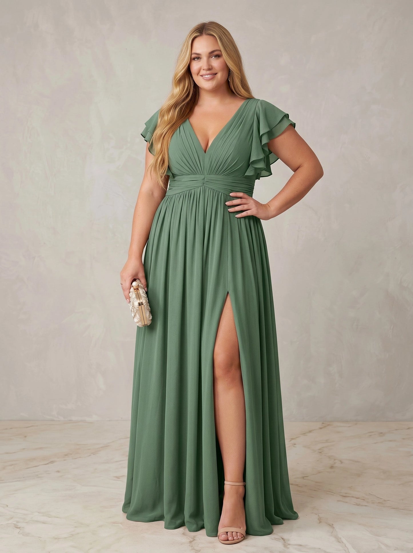 roselledress sage green chiffon plus size prom dress, ruffle short sleeve high slit long formal gown
