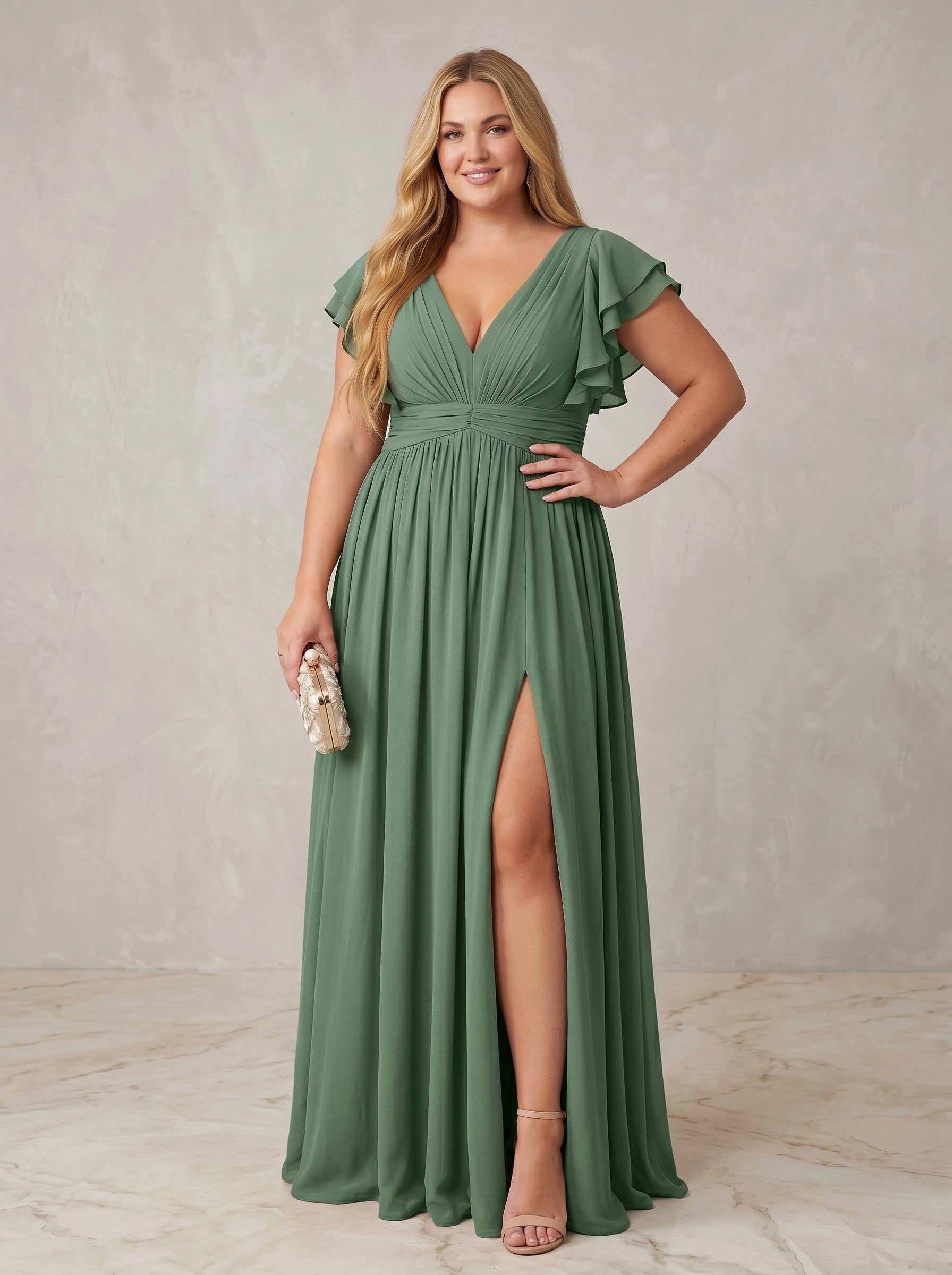 roselledress sage green chiffon plus size prom dress, ruffle short sleeve high slit long formal gown