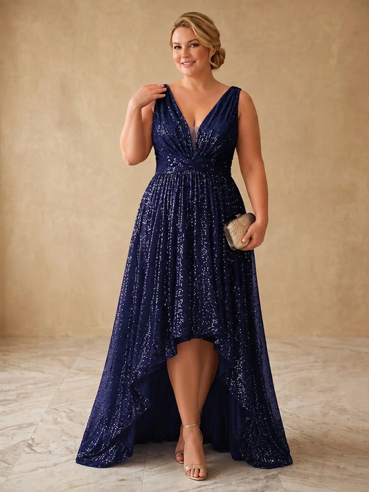  RoselleDress navy sequin sleeveless deep v‑neck high‑low plus size prom dress