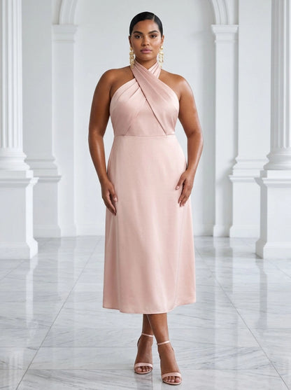 RoselleDress dusty pink twisted wrap halter‑neck satin midi plus‑size prom dress