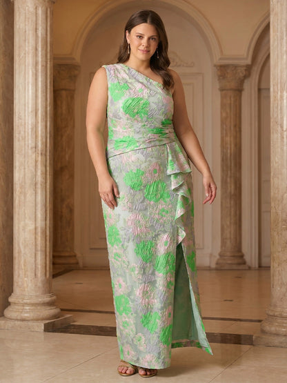 Floral Sheath One‑Shoulder Sleeveless Zipper‑Back Slit Floor‑Length Plus Size Prom Dress