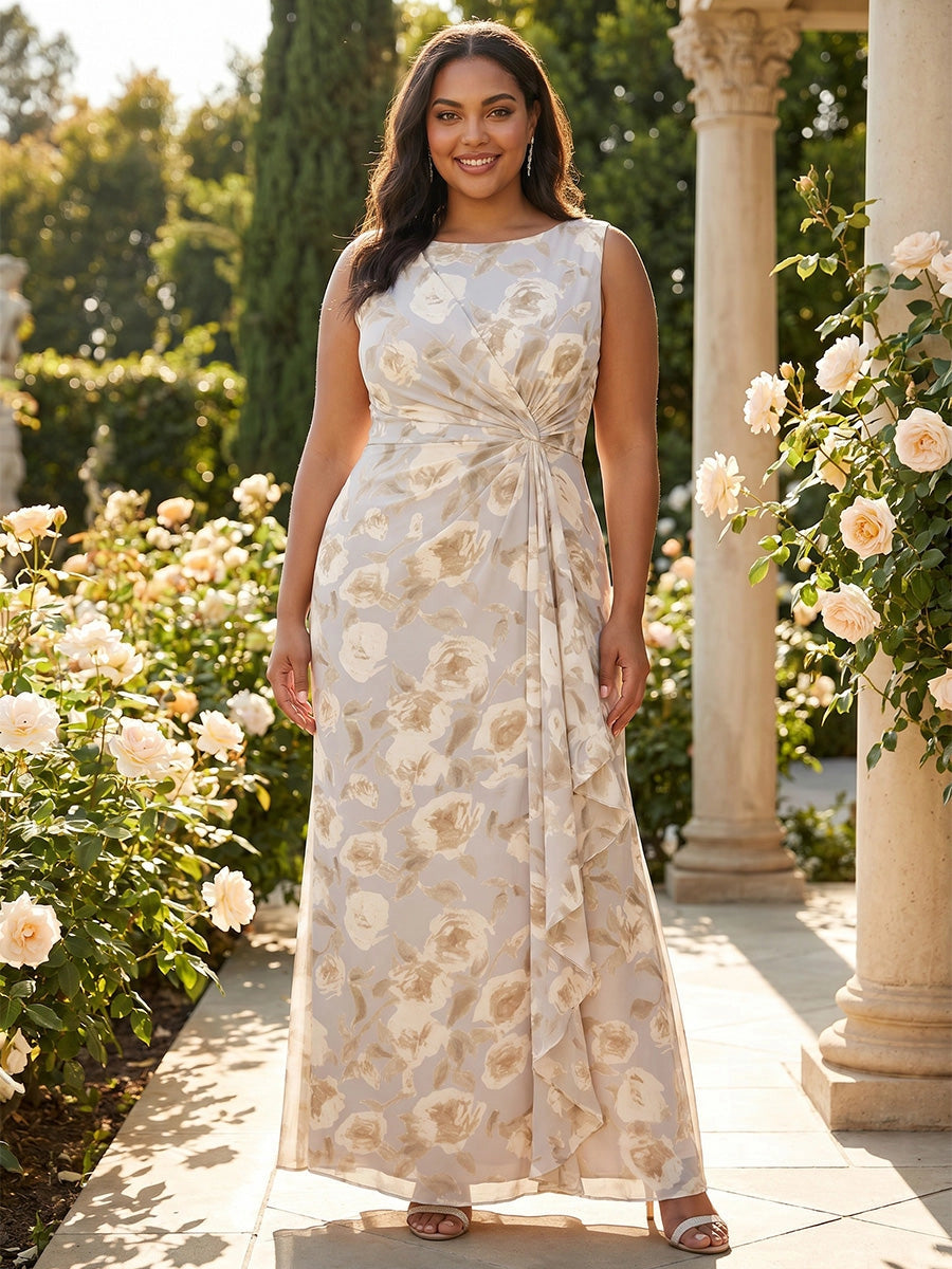 RoselleDress champagne rose‑print chiffon boat‑neck twist‑waist ruffle maxi plus‑size prom dress