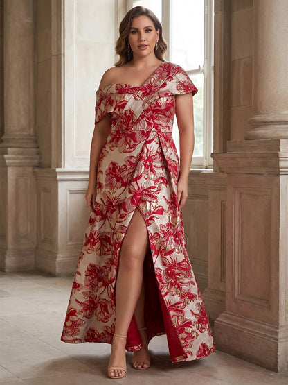 RoselleDress red‑gold metallic jacquard off‑shoulder high‑slit floor‑length plus‑size prom dress
