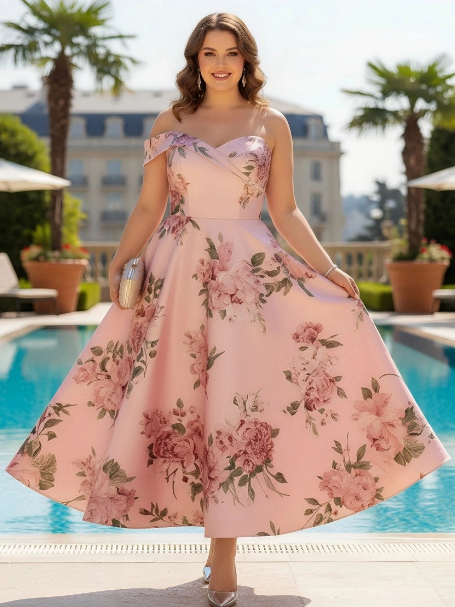 RoselleDress blush‑pink satin big rose‑print off‑shoulder flared midi‑length plus‑size prom dress