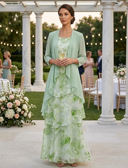 roselledress green watercolor floral chiffon two piece mother of the bride dresses front view round neck a line floor length gown with open cardigan