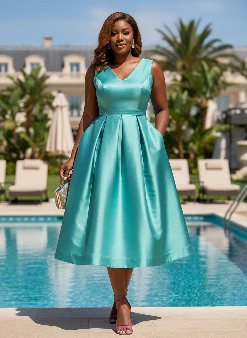  RoselleDress glossy turquoise satin sleeveless V‑neck pleated midi plus‑size prom dress with side pockets