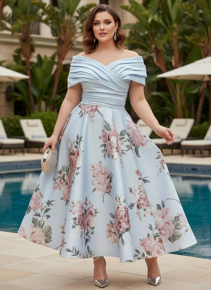 RoselleDress light blue folded pleated off‑shoulder pink rose‑print midi‑length plus‑size prom dress