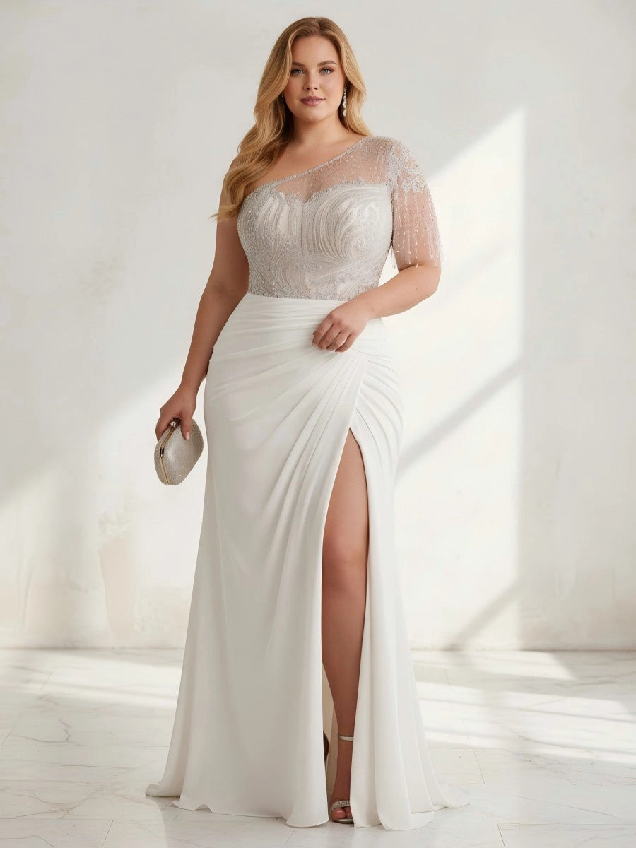 RoselleDress white one‑shoulder sheer fringe‑sleeve beaded mermaid high‑slit long plus‑size prom dress