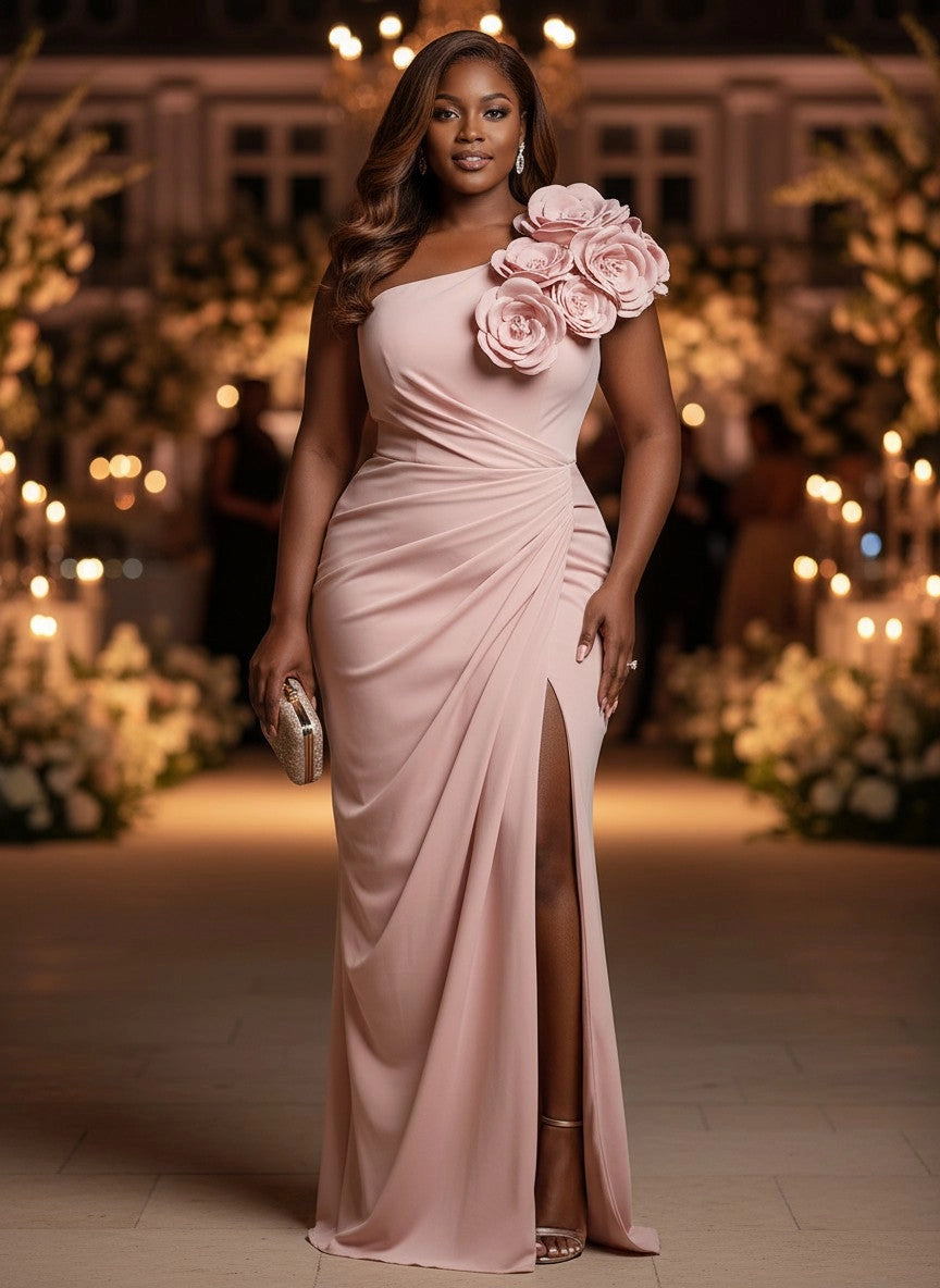 RoselleDress dusty pink one‑shoulder handmade 3D rose ruched high‑slit mermaid long plus‑size prom dress