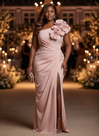 RoselleDress dusty pink one‑shoulder handmade 3D rose ruched high‑slit mermaid long plus‑size prom dress