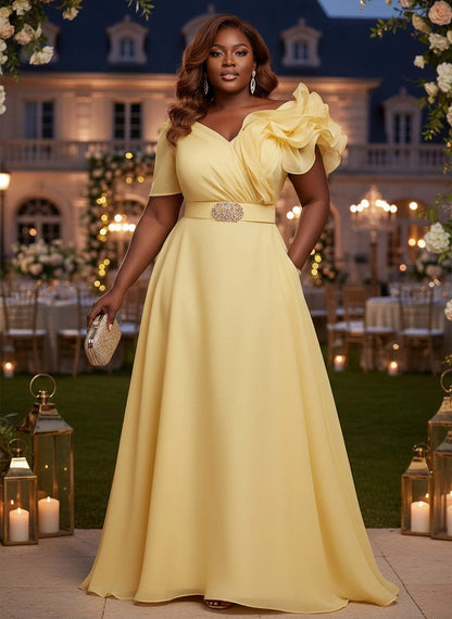  RoselleDress bright yellow asymmetrical ruffle‑shoulder crystal‑belt A‑line long plus‑size prom dress