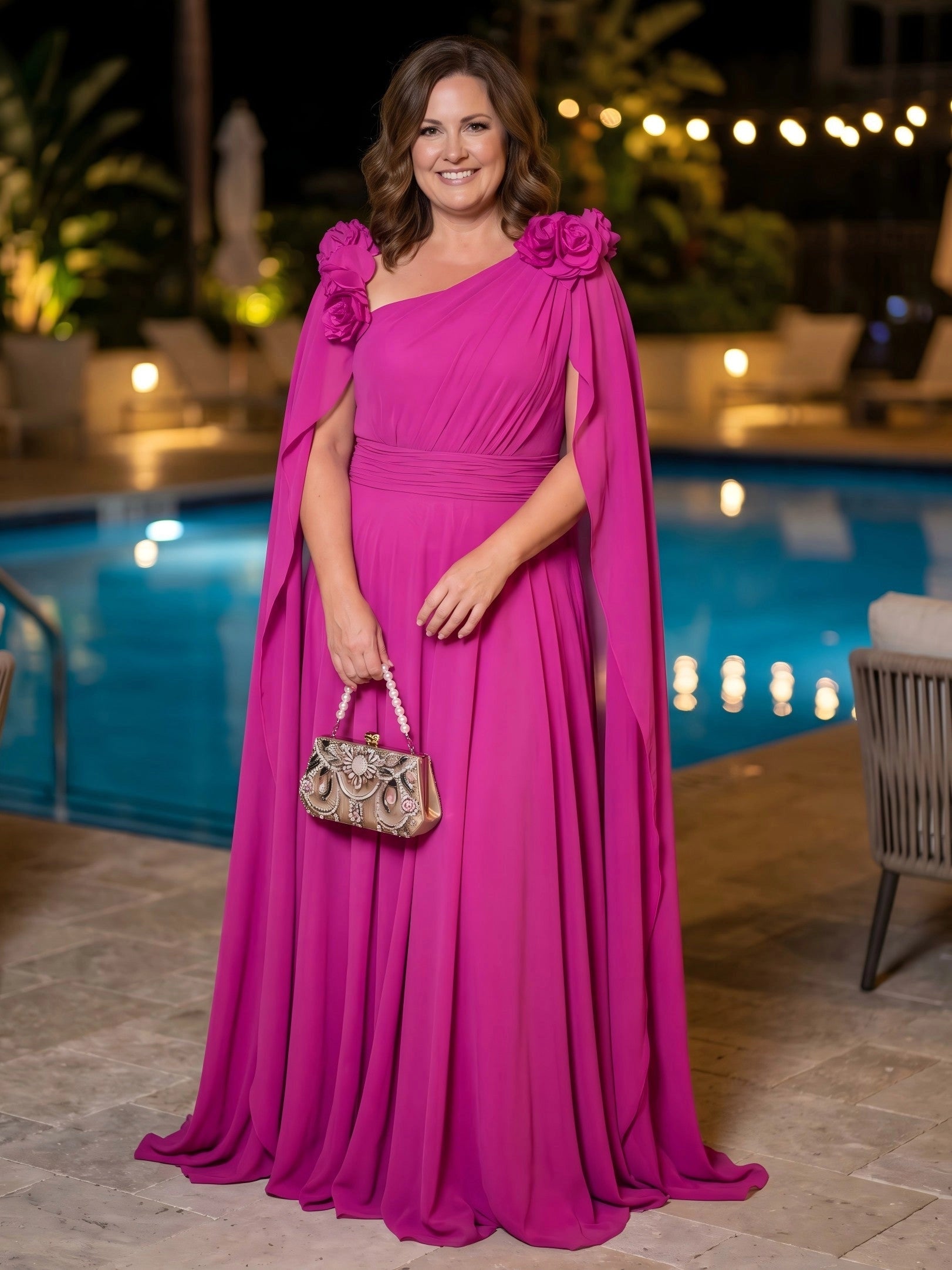 RoselleDress vibrant fuchsia chiffon one‑shoulder cape‑sleeve 3D rose long plus‑size prom gown