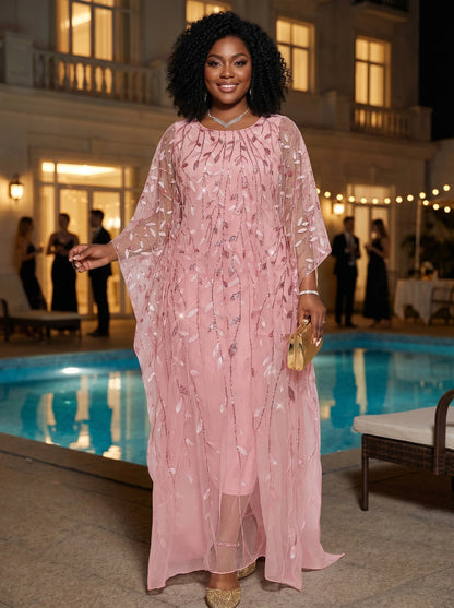 roselledress pink leaf‑beaded mesh plus‑size prom dress round neck sheer cape sleeves