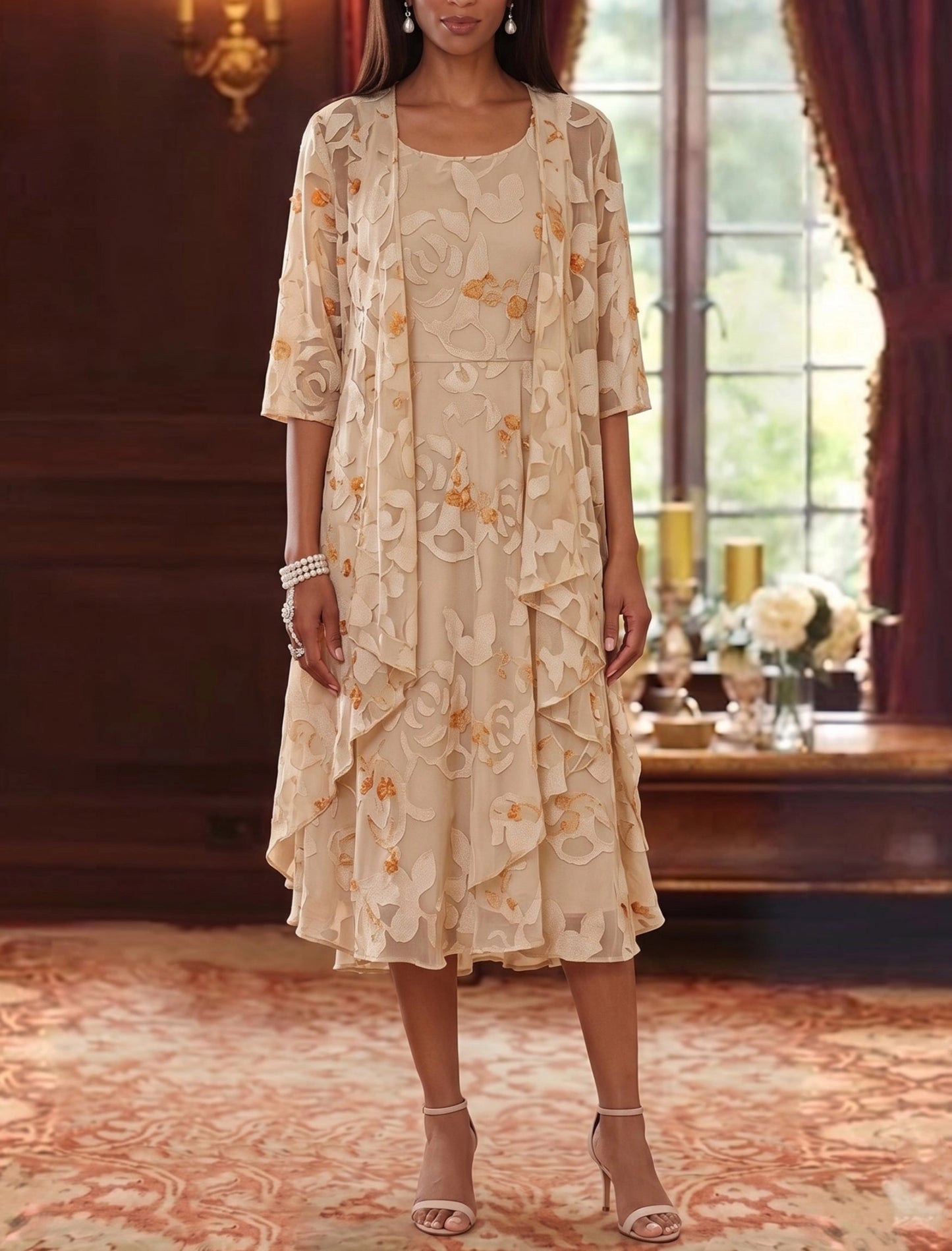 Timeless A-Line Round Neck Three-Quarter-Sleeve Closed-Back Midi Mother of the Bride Dresses
