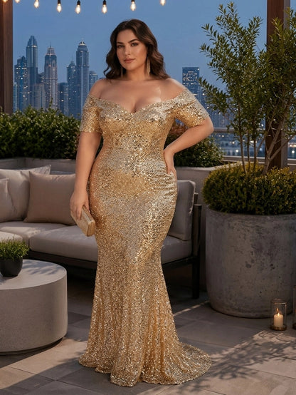 roselledress shiny gold sequin mermaid plus‑size prom dress off shoulder short sleeve
