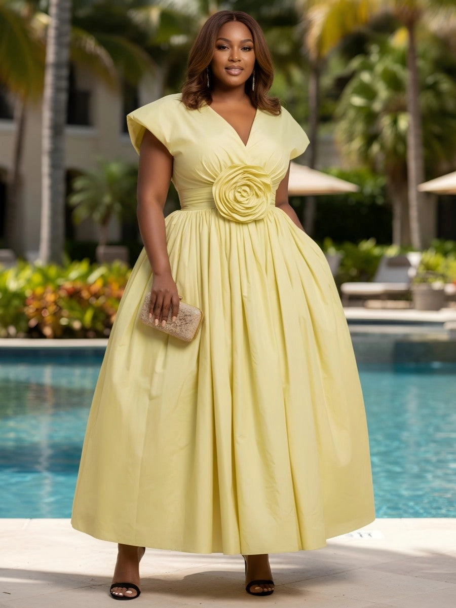roselledress pale yellow a‑line plus‑size prom dress v‑neck cap sleeve 3d rose waist ornament