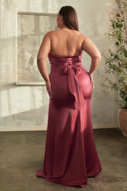 Roselle Dress plus size satin mermaid maxi prom dress, strapless twisted bust, ruched waist high front slit back view 