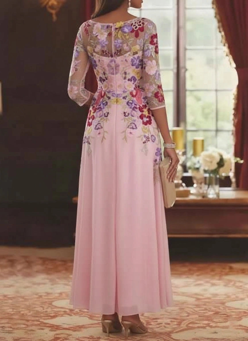 roselledress sheer illusion back pink chiffon maxi dress colorful flower embroidered mesh mother of the bride formal wear back view