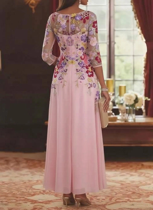 roselledress sheer illusion back pink chiffon maxi dress colorful flower embroidered mesh mother of the bride formal wear back view