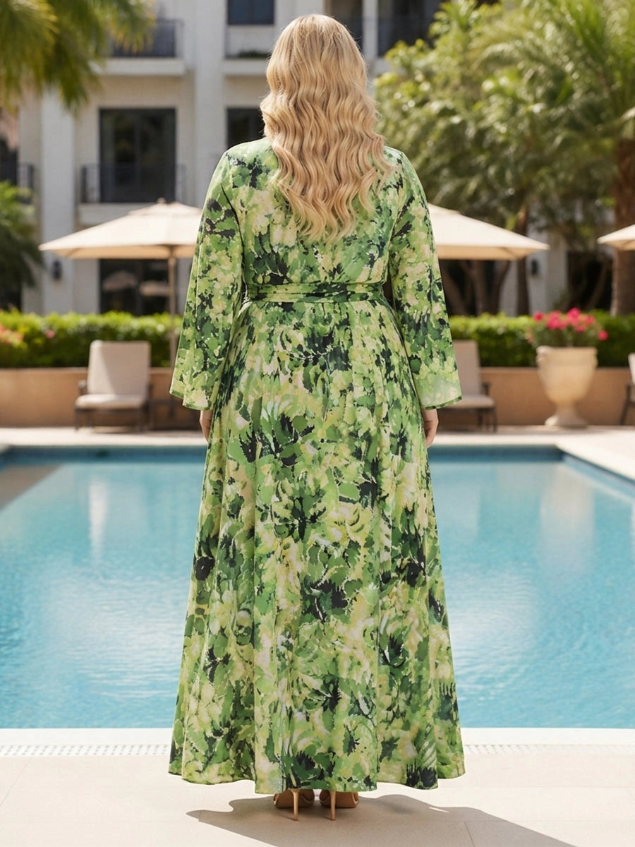  Closed solid‑back detail of lightweight green‑print curvy long prom gown