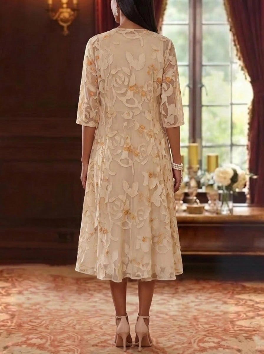 roselledress closed back champagne floral tulle midi dress two piece overlay set mother of the bride formal wear back view