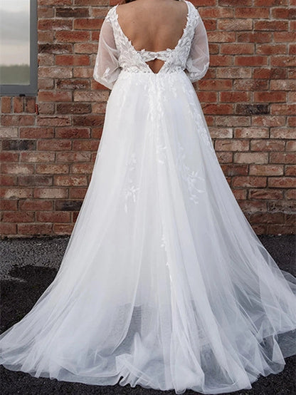 roselledress floral lace keyhole hollow back sheer long sleeve plus‑size bridal gown back view
