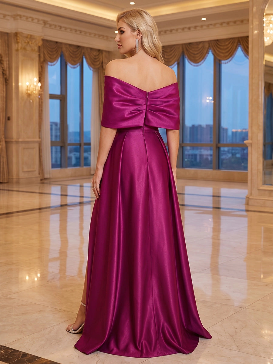 Big bow decoration and centre zipper back of magenta satin formal long gown