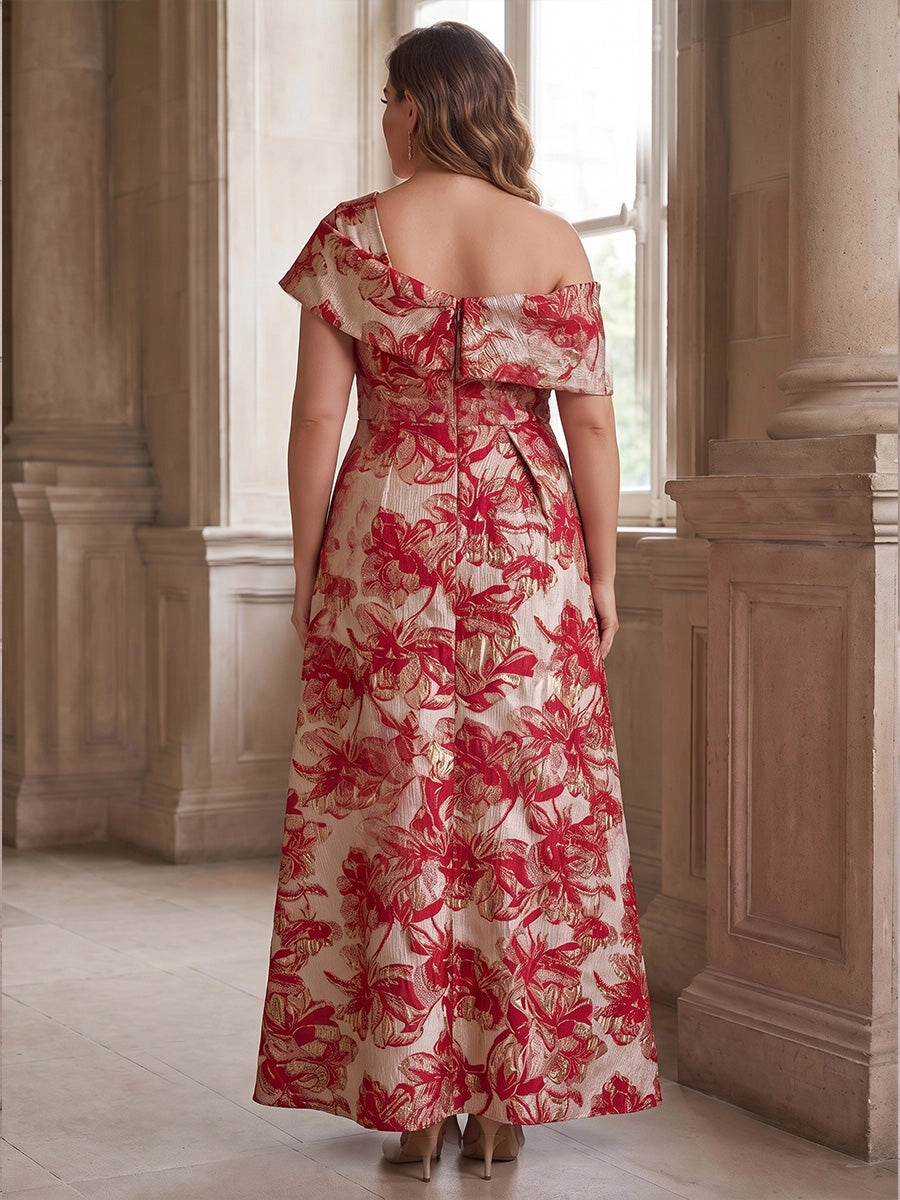 Fold‑over off‑shoulder design and vertical centre zipper‑back floral formal maxi gown