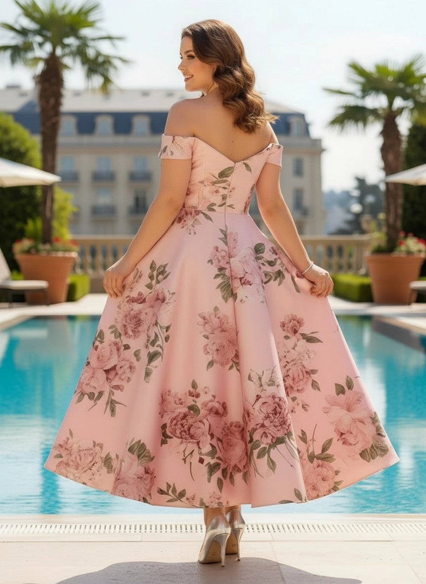Sweetheart off‑shoulder rear cut and vertical centre zipper‑back floral formal midi gown