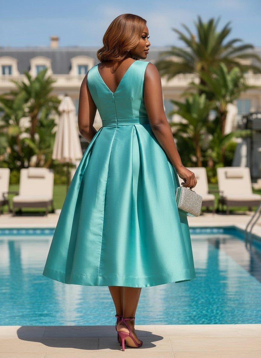 Deep V‑shaped back neckline and centre‑back zipper teal satin formal midi gown