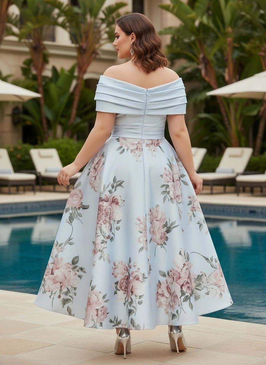 Multi‑layer folded off‑shoulder trim and vertical centre zipper‑back floral formal midi gown