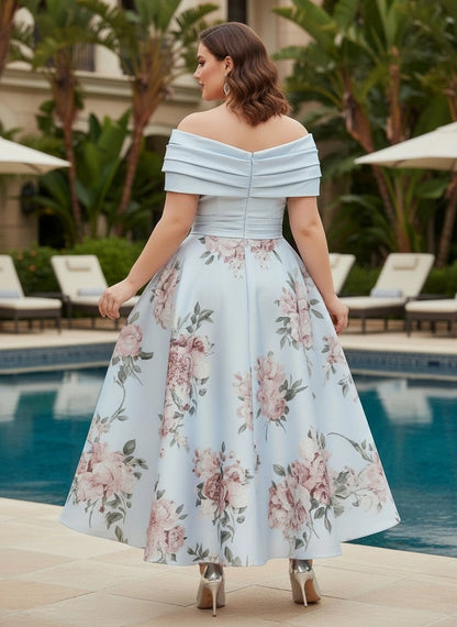 Multi‑layer folded off‑shoulder trim and vertical centre zipper‑back floral formal midi gown