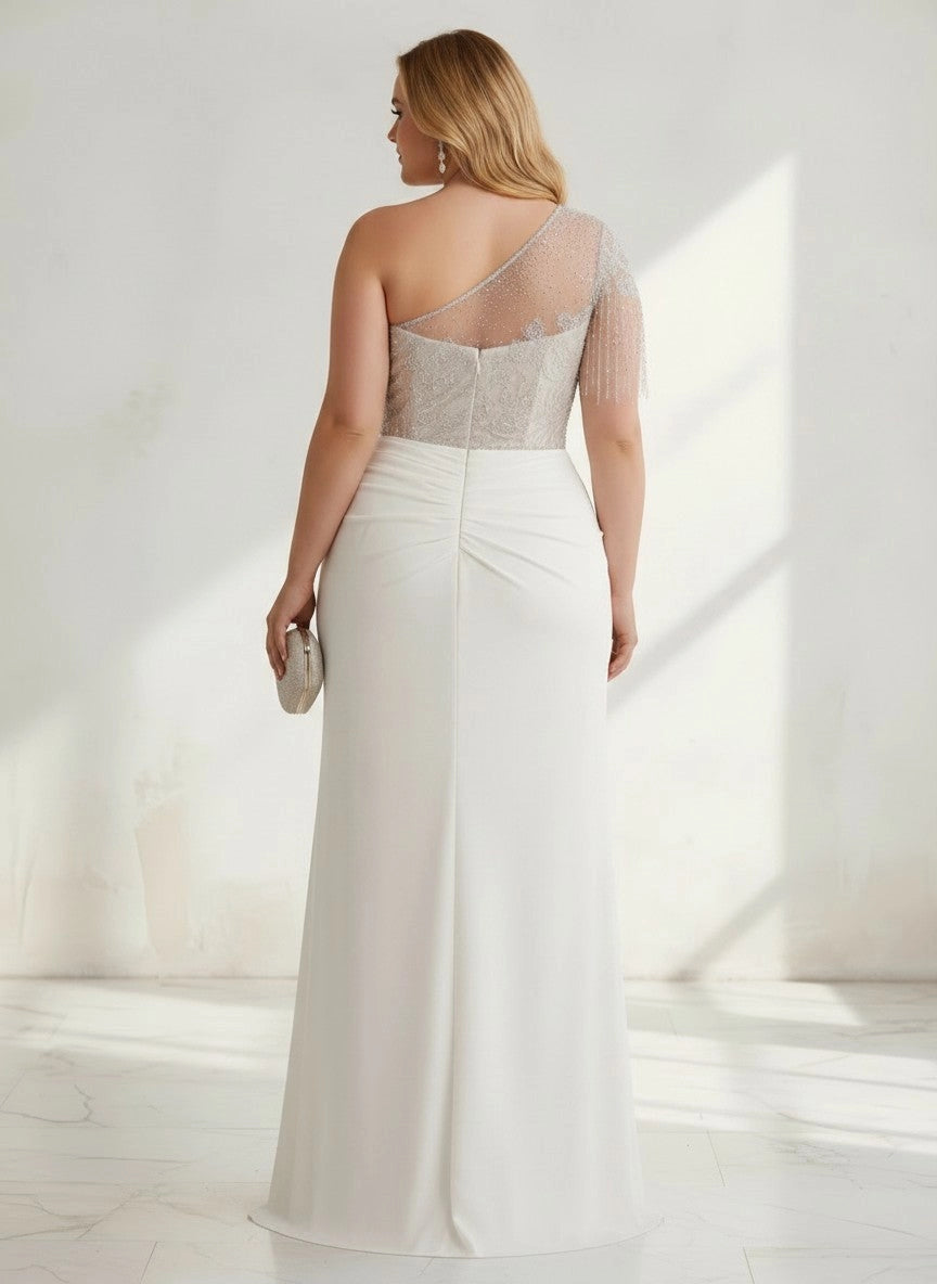  Sheer one‑shoulder mesh back and centre‑back zipper fitted mermaid formal gown