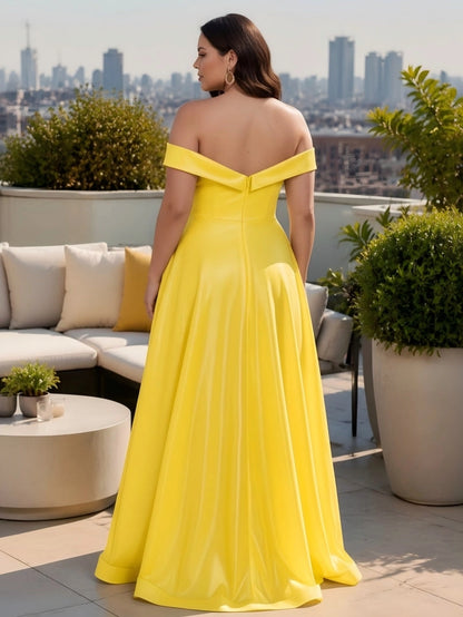 roselledress concealed zip‑back yellow shiny satin curvy long prom gown back view