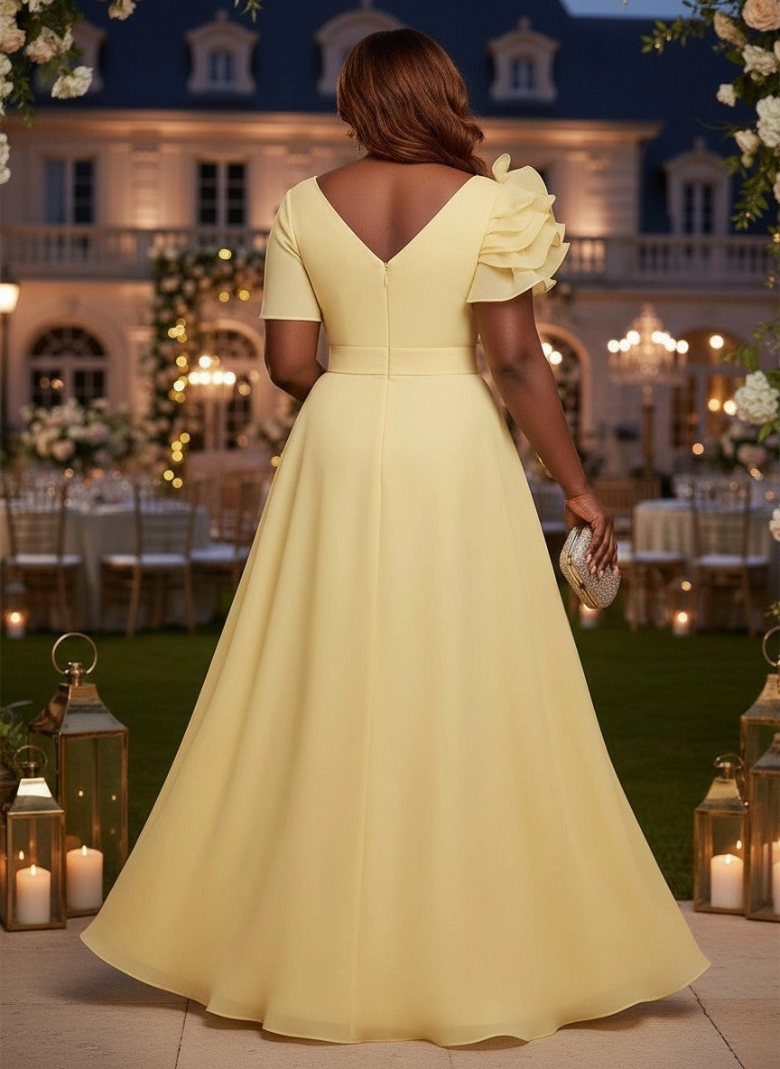 V‑shaped back neckline invisible zipper flowy chiffon formal maxi gown with waist sash