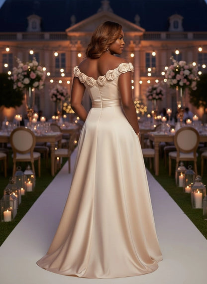  Off‑shoulder rose trim seamless zipper‑up glossy satin formal maxi gown