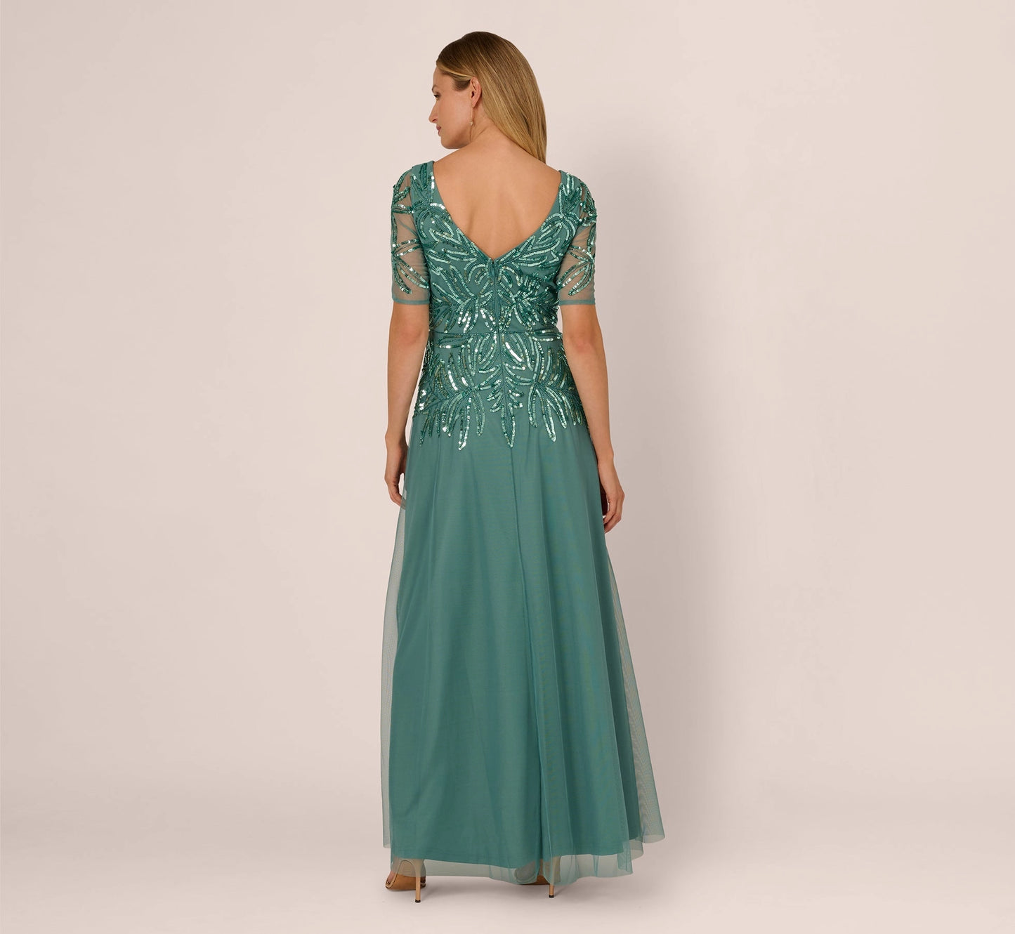 Elegant A-Line V-Neck Elbow-Sleeve V-Back Floor-Length Mother of the Bride Dresses