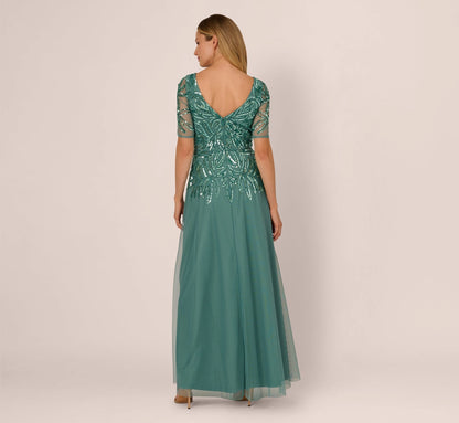 Elegant A-Line V-Neck Elbow-Sleeve V-Back Floor-Length Mother of the Bride Dresses