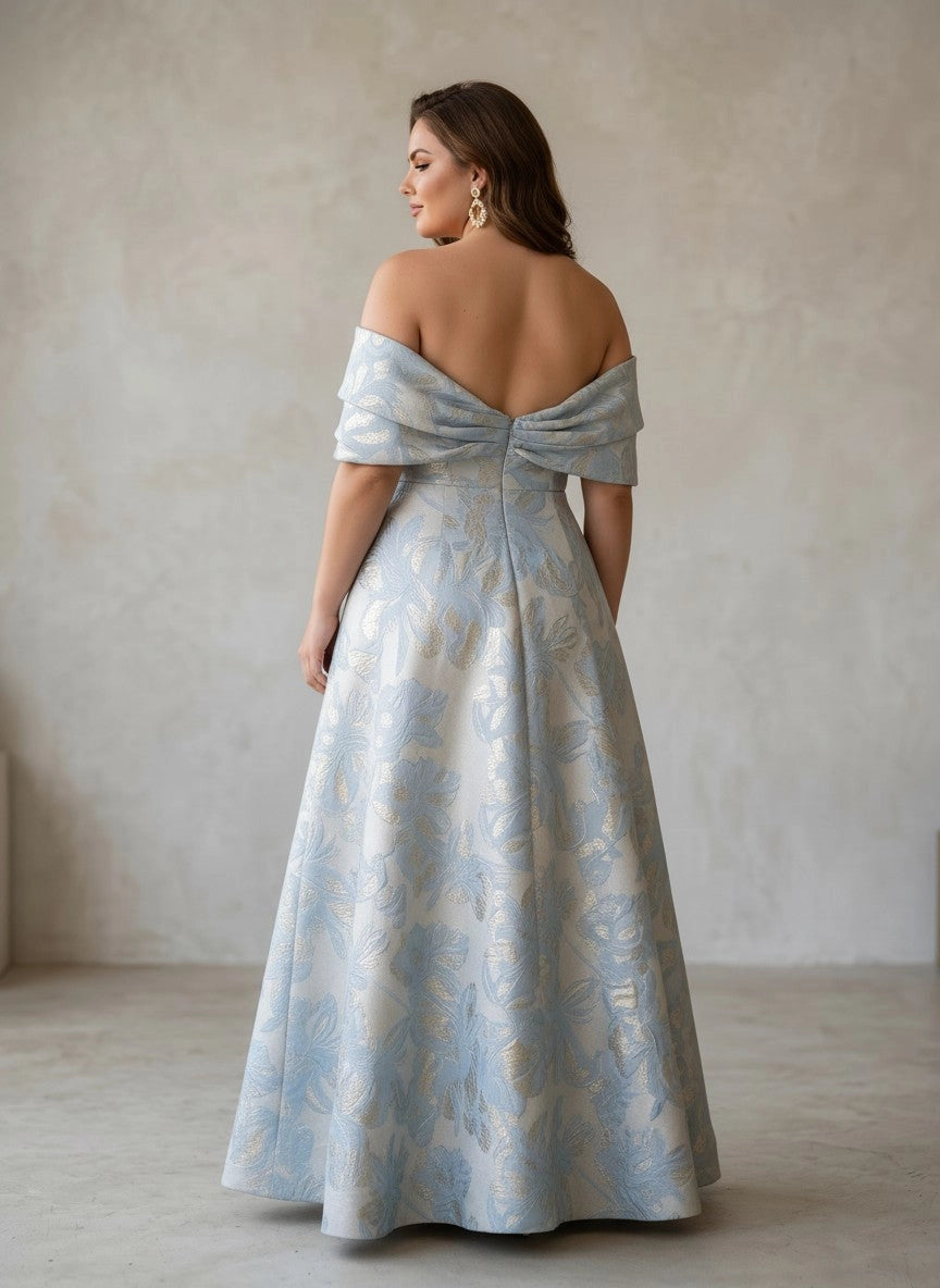 roselledress folded twist low‑back blue jacquard curvy long formal gown rear view