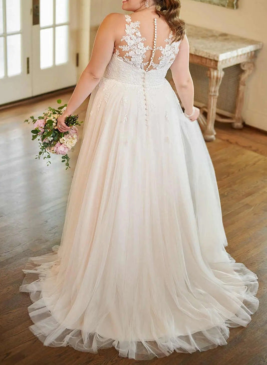 roselledress sheer floral lace illusion back pearl button closure a‑line plus‑size bridal gown rear view