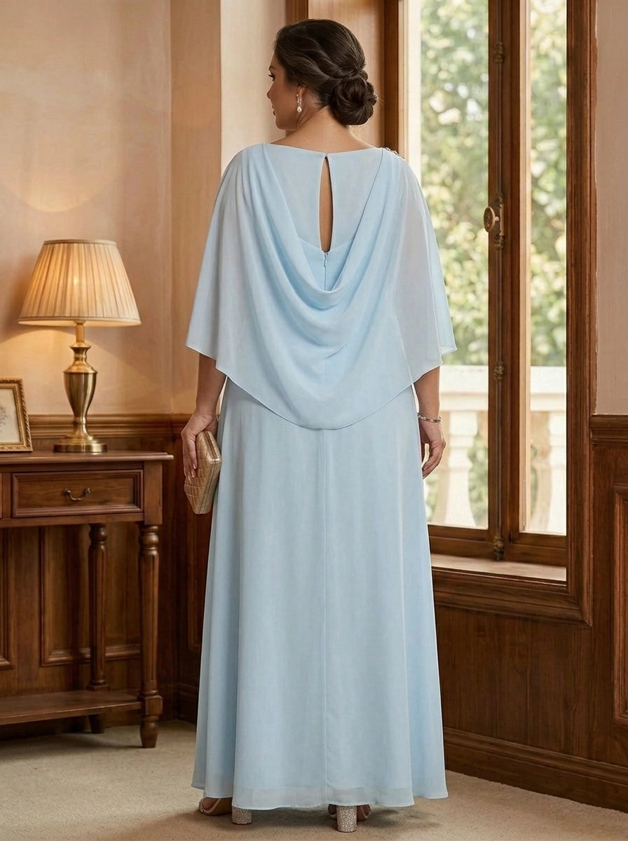 Roselledress plus size formal mother dress back view, draped cowl keyhole back zipper chiffon long evening gown
