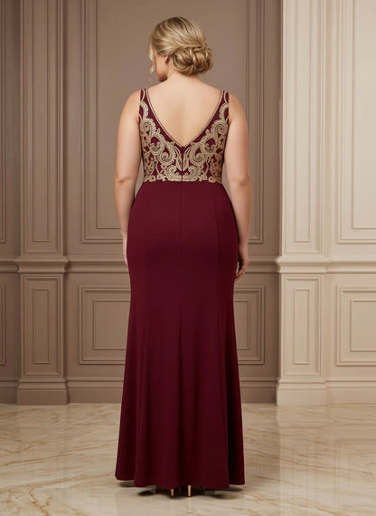 roselledress deep v‑back gold lace wine‑red curvy long formal gown rear view