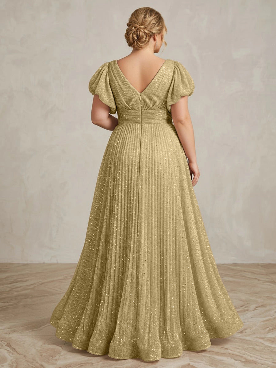 Glam A‑Line V‑Neck Puff‑Sleeve Deep‑Back Floor‑Length Plus Size Prom Dress